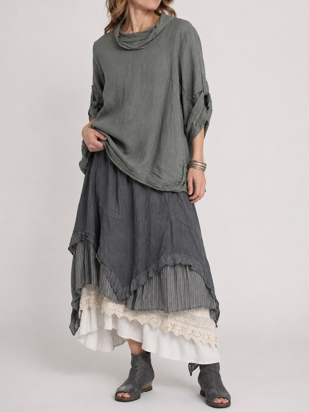 Lina Tomei 100% Italian Linen Roll Tab Sleeve Cowl Neck Top Blouse Large